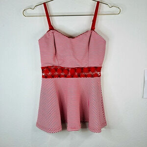 Haute Monde Women’s Small Red Striped Sleeveless Top with Lace Waist Detail